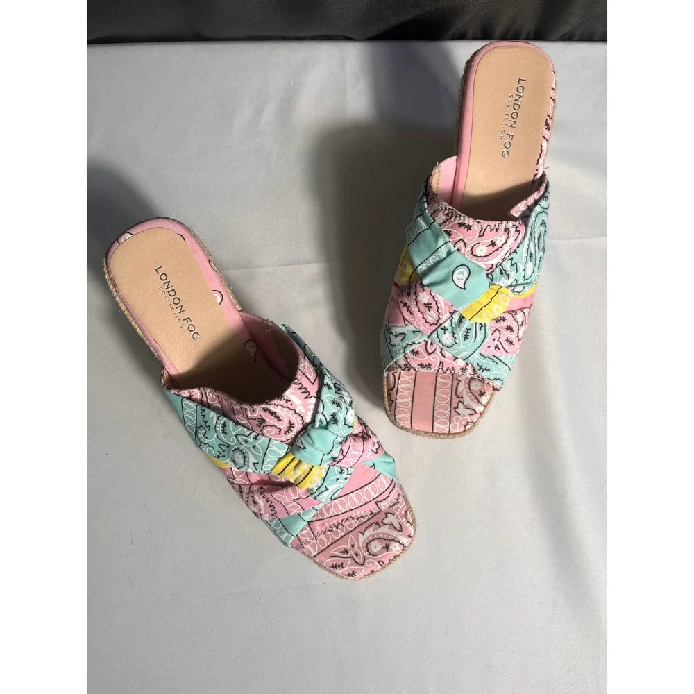 London Fog Heidi Paisley Bandana Espadrille Wedge Sandals Pink Blue Yellow 10M
